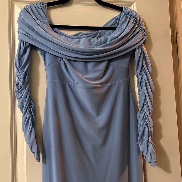 CLUB LONDON PRETTY PERFECT POWDER BLUE MATERNITY RUCHED MESH BARDOT MAXI DRESS - Picture 8 of 16